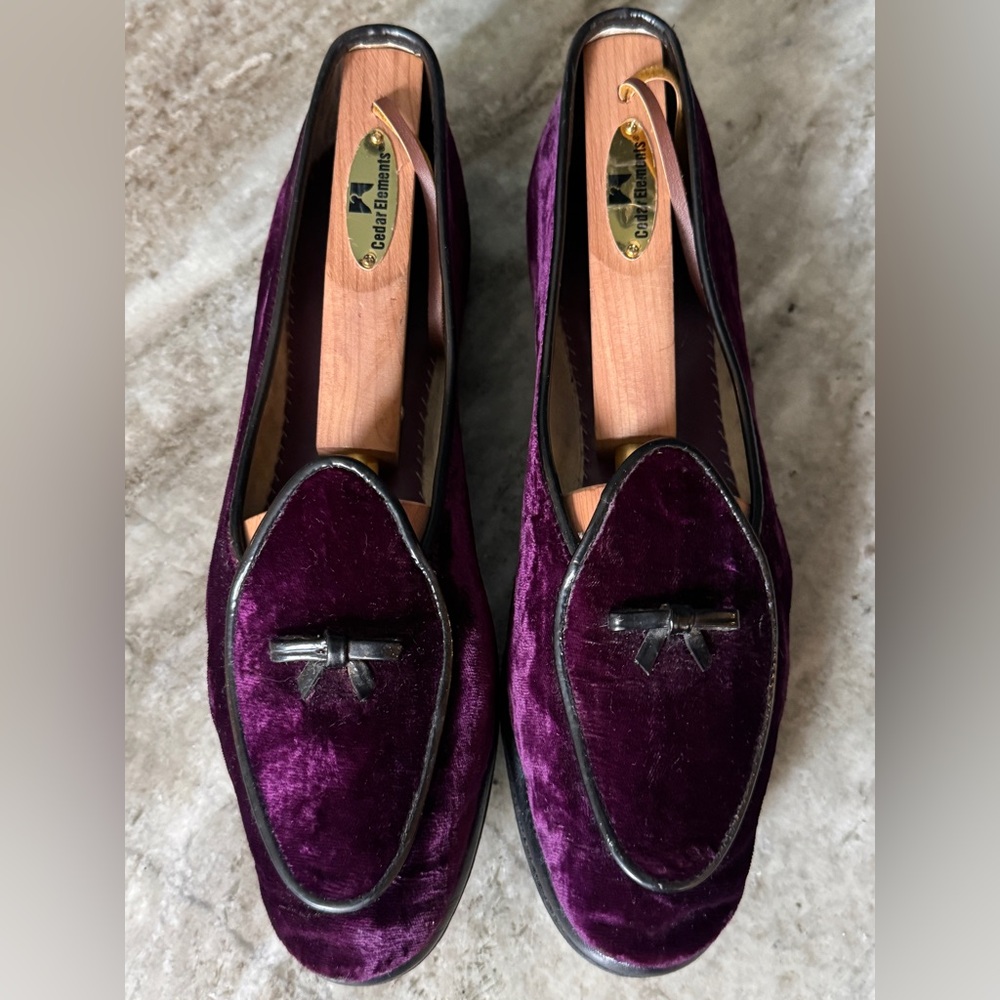 Belgian Shoes Midinette Slippers Purple Velvet Leather Trim Loafer 9  Flats Bow